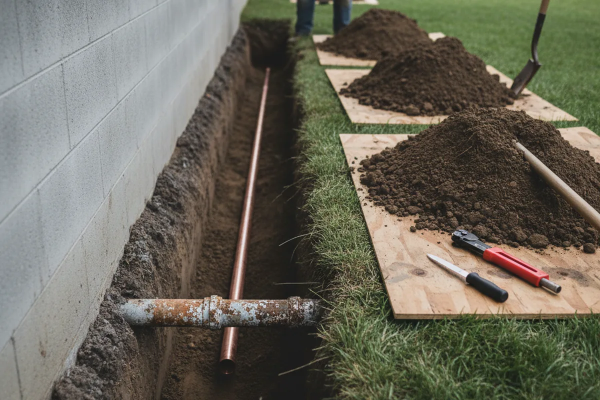 Excavated water line trench during Water Heater Repair in Ponca City